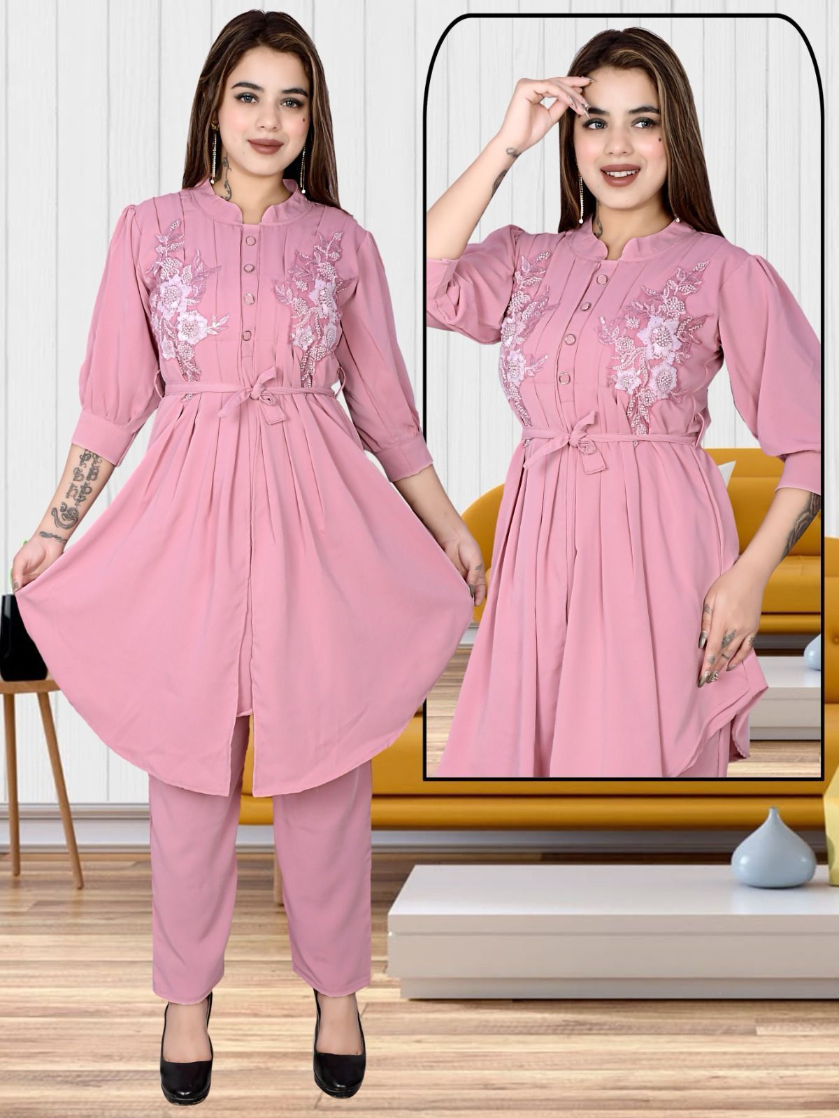 Women’s Pink Embroidered Long Kurti Shirt with Pants Elegant Two-Piece Set of 6 pieces